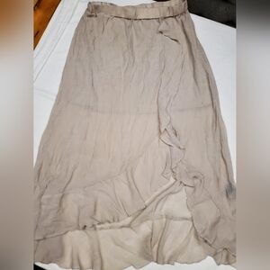 Mlle Gabrielle Taupe Asymmetrical Midi Skirt Lined Gauze Ruffle Hem Boho Resort